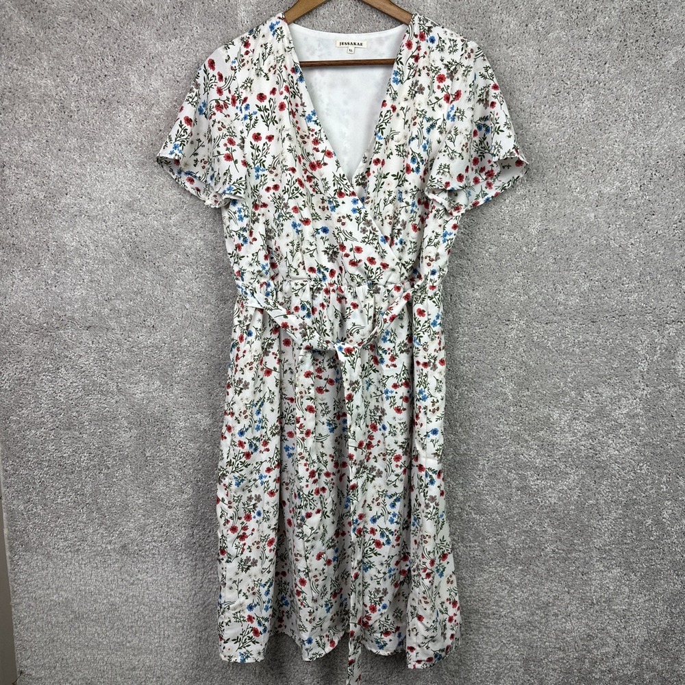 Jessakae White Floral Midi Dress Faux Wrap Flutter Sleeve Size XL